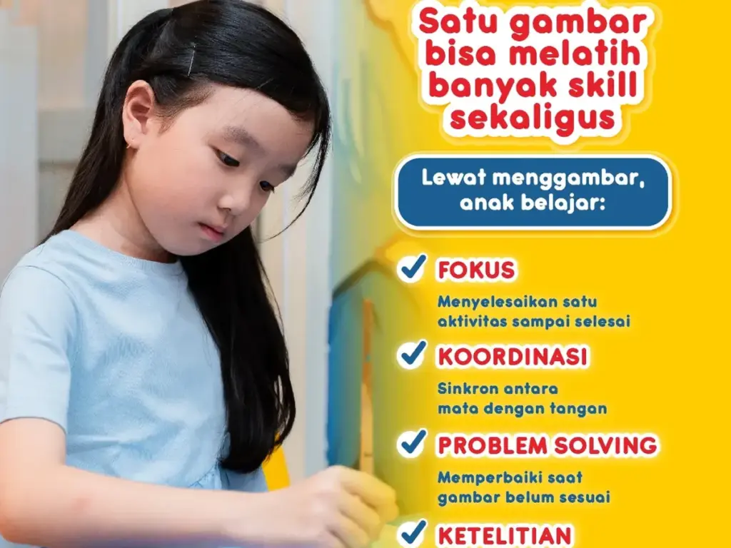 Post Zumenart tentang manfaat menggambar: fokus, koordinasi, problem solving, ketelitian, dan kreativitas.