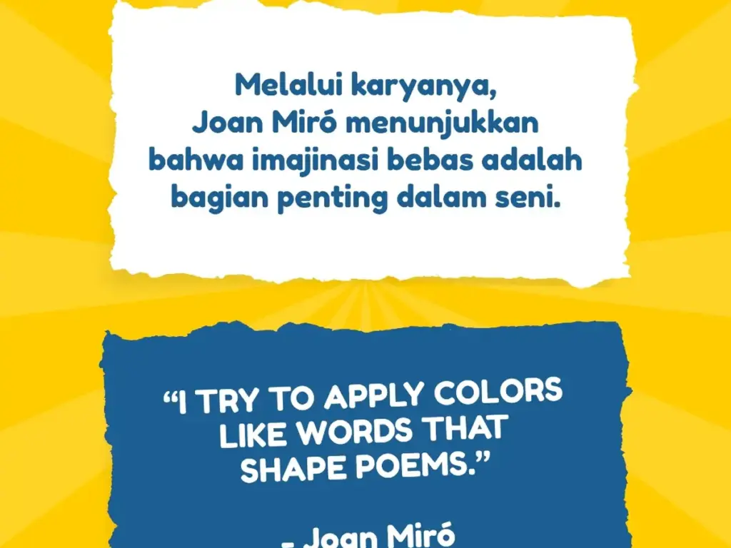 Post edukasi Zumenart yang memperkenalkan Joan Miro dan pendekatan bentuk sederhana, warna berani, dan imajinasi.